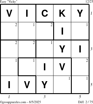 The grouppuzzles.com Easy Vicky puzzle for Tuesday August 5, 2025, suitable for printing, with all 2 steps marked