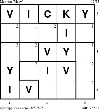 The grouppuzzles.com Medium Vicky puzzle for Tuesday August 5, 2025 with all 3 steps marked