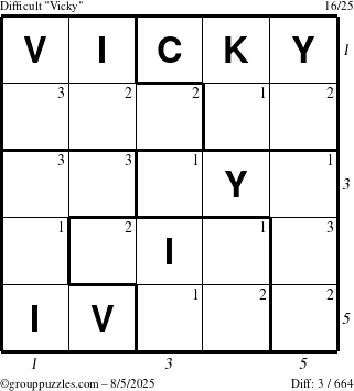 The grouppuzzles.com Difficult Vicky puzzle for Tuesday August 5, 2025 with all 3 steps marked