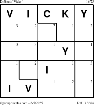 The grouppuzzles.com Difficult Vicky puzzle for Tuesday August 5, 2025 with the first 3 steps marked