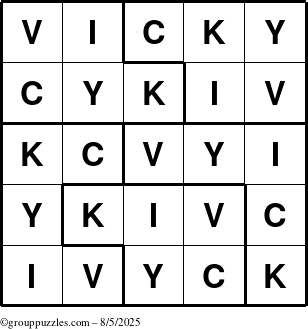 The grouppuzzles.com Answer grid for the Vicky puzzle for Tuesday August 5, 2025