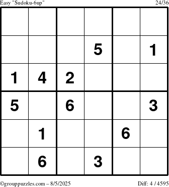 The grouppuzzles.com Easy Sudoku-6up puzzle for Tuesday August 5, 2025