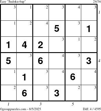 The grouppuzzles.com Easy Sudoku-6up puzzle for Tuesday August 5, 2025 with all 4 steps marked