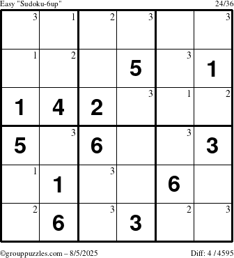 The grouppuzzles.com Easy Sudoku-6up puzzle for Tuesday August 5, 2025 with the first 3 steps marked