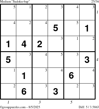 The grouppuzzles.com Medium Sudoku-6up puzzle for Tuesday August 5, 2025 with all 5 steps marked