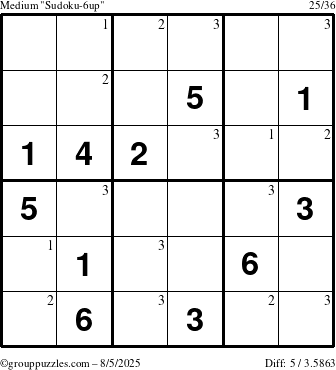 The grouppuzzles.com Medium Sudoku-6up puzzle for Tuesday August 5, 2025 with the first 3 steps marked