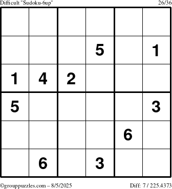 The grouppuzzles.com Difficult Sudoku-6up puzzle for Tuesday August 5, 2025