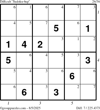 The grouppuzzles.com Difficult Sudoku-6up puzzle for Tuesday August 5, 2025 with all 7 steps marked