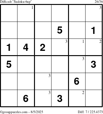 The grouppuzzles.com Difficult Sudoku-6up puzzle for Tuesday August 5, 2025 with the first 3 steps marked