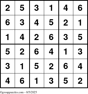 The grouppuzzles.com Answer grid for the Sudoku-6up puzzle for Tuesday August 5, 2025
