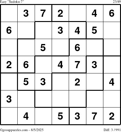 The grouppuzzles.com Easy Sudoku-7 puzzle for Tuesday August 5, 2025