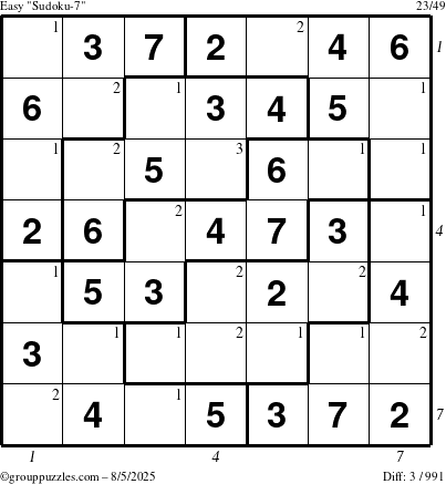 The grouppuzzles.com Easy Sudoku-7 puzzle for Tuesday August 5, 2025 with all 3 steps marked
