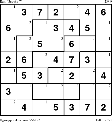 The grouppuzzles.com Easy Sudoku-7 puzzle for Tuesday August 5, 2025 with the first 3 steps marked