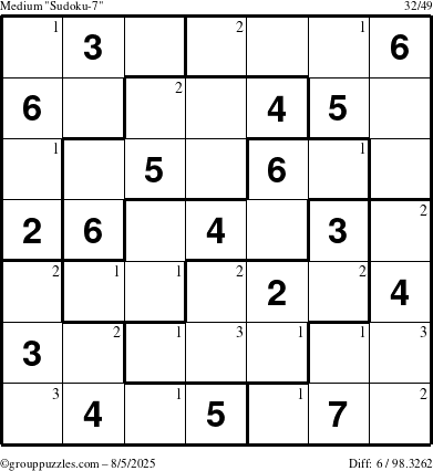 The grouppuzzles.com Medium Sudoku-7 puzzle for Tuesday August 5, 2025 with the first 3 steps marked