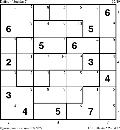 The grouppuzzles.com Difficult Sudoku-7 puzzle for Tuesday August 5, 2025 with all 10 steps marked