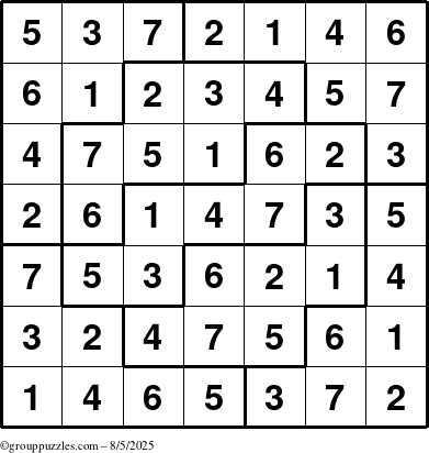 The grouppuzzles.com Answer grid for the Sudoku-7 puzzle for Tuesday August 5, 2025