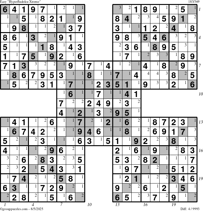 The grouppuzzles.com Easy HyperSudoku-Xtreme puzzle for Tuesday August 5, 2025, suitable for printing, with all 4 steps marked