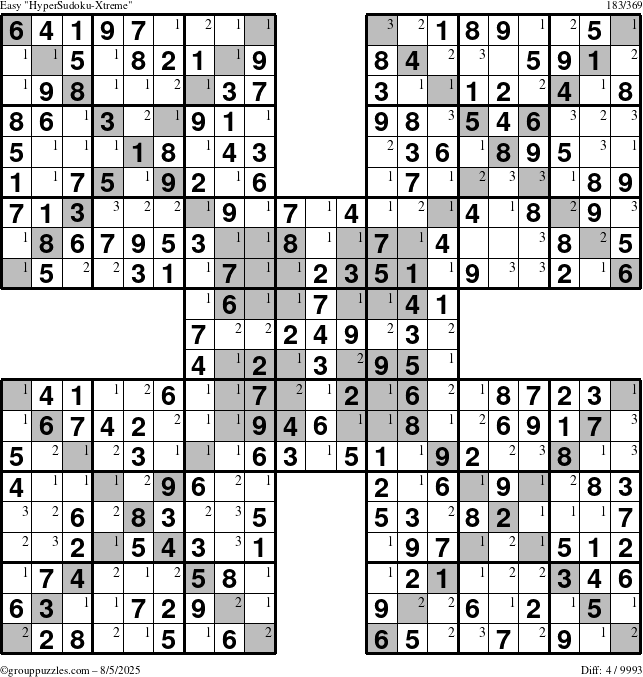 The grouppuzzles.com Easy HyperSudoku-Xtreme puzzle for Tuesday August 5, 2025 with the first 3 steps marked