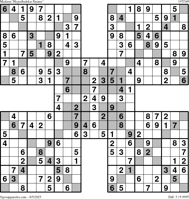 The grouppuzzles.com Medium HyperSudoku-Xtreme puzzle for Tuesday August 5, 2025