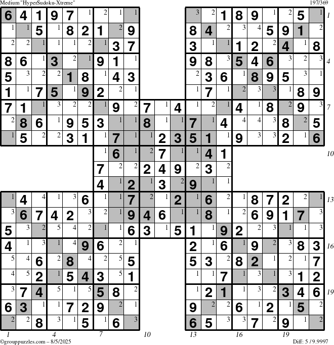 The grouppuzzles.com Medium HyperSudoku-Xtreme puzzle for Tuesday August 5, 2025 with all 5 steps marked