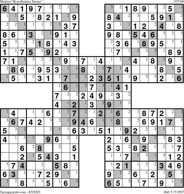 The grouppuzzles.com Medium HyperSudoku-Xtreme puzzle for Tuesday August 5, 2025 with the first 3 steps marked