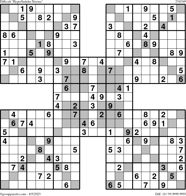 The grouppuzzles.com Difficult HyperSudoku-Xtreme puzzle for Tuesday August 5, 2025