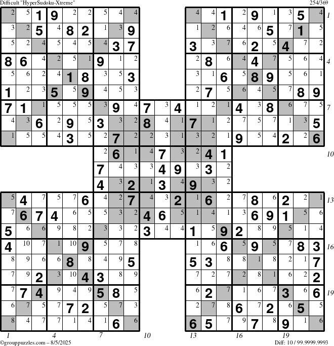 The grouppuzzles.com Difficult HyperSudoku-Xtreme puzzle for Tuesday August 5, 2025 with all 10 steps marked