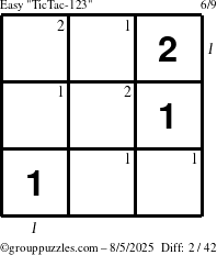 The grouppuzzles.com Easy TicTac-123 puzzle for Tuesday August 5, 2025 with all 2 steps marked
