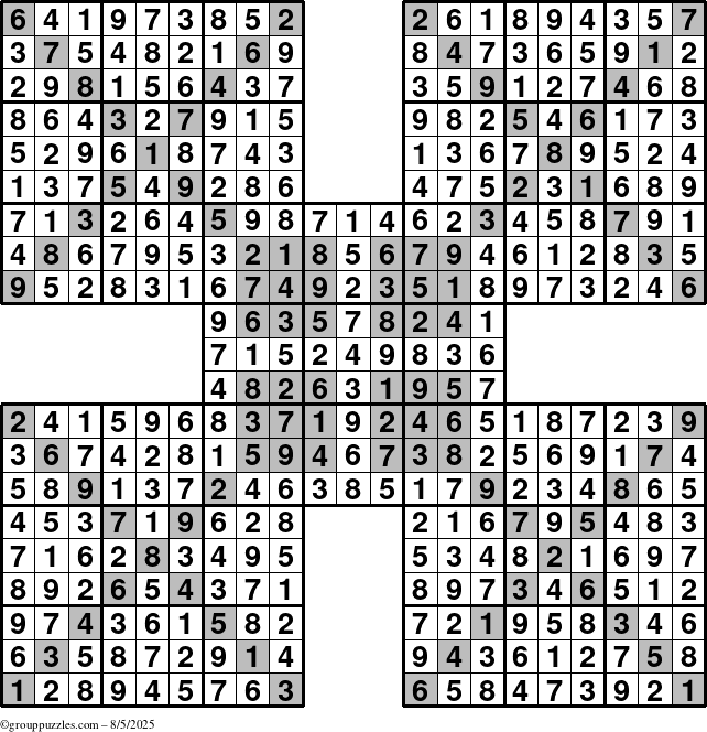 The grouppuzzles.com Answer grid for the HyperSudoku-Xtreme puzzle for Tuesday August 5, 2025