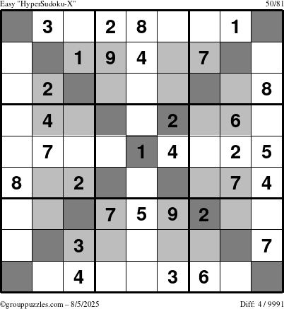 The grouppuzzles.com Easy HyperSudoku-X puzzle for Tuesday August 5, 2025