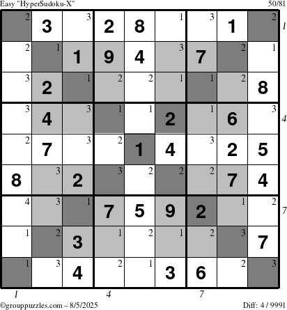 The grouppuzzles.com Easy HyperSudoku-X puzzle for Tuesday August 5, 2025 with all 4 steps marked
