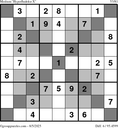 The grouppuzzles.com Medium HyperSudoku-X puzzle for Tuesday August 5, 2025