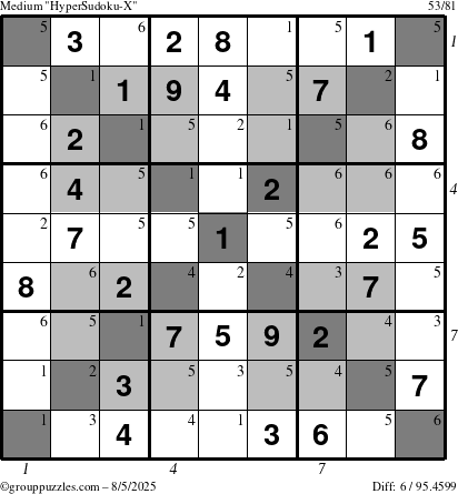 The grouppuzzles.com Medium HyperSudoku-X puzzle for Tuesday August 5, 2025 with all 6 steps marked