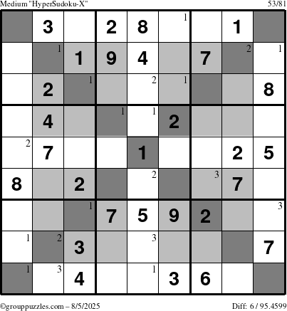 The grouppuzzles.com Medium HyperSudoku-X puzzle for Tuesday August 5, 2025 with the first 3 steps marked
