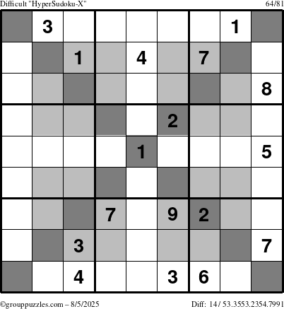 The grouppuzzles.com Difficult HyperSudoku-X puzzle for Tuesday August 5, 2025