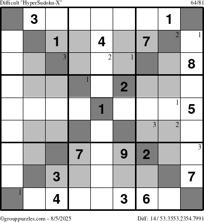 The grouppuzzles.com Difficult HyperSudoku-X puzzle for Tuesday August 5, 2025 with the first 3 steps marked