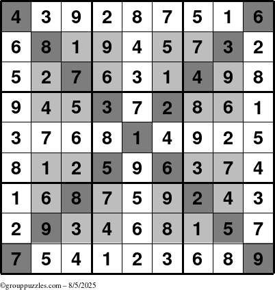 The grouppuzzles.com Answer grid for the HyperSudoku-X puzzle for Tuesday August 5, 2025