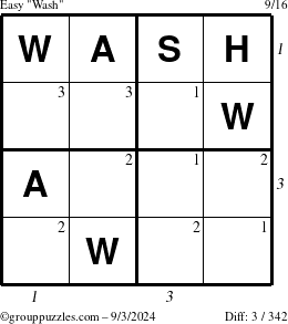 The grouppuzzles.com Easy Wash puzzle for Tuesday September 3, 2024 with all 3 steps marked