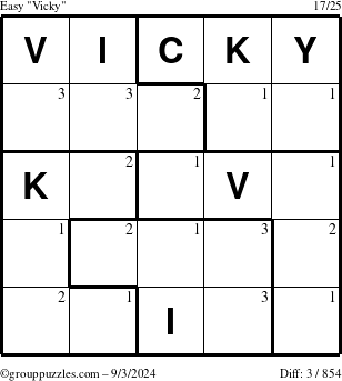 The grouppuzzles.com Easy Vicky puzzle for Tuesday September 3, 2024 with the first 3 steps marked