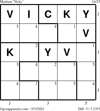 The grouppuzzles.com Medium Vicky puzzle for Tuesday September 3, 2024 with all 5 steps marked