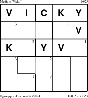 The grouppuzzles.com Medium Vicky puzzle for Tuesday September 3, 2024 with the first 3 steps marked