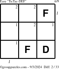 The grouppuzzles.com Easy TicTac-DEF puzzle for Tuesday September 3, 2024, suitable for printing, with all 2 steps marked