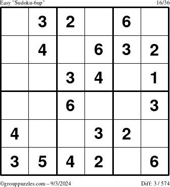 The grouppuzzles.com Easy Sudoku-6up puzzle for Tuesday September 3, 2024