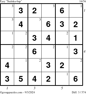 The grouppuzzles.com Easy Sudoku-6up puzzle for Tuesday September 3, 2024 with all 3 steps marked