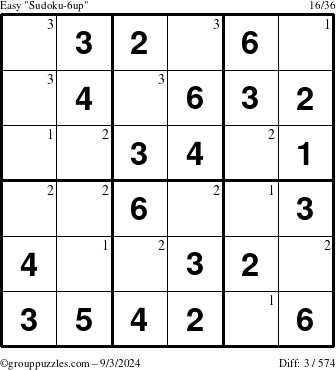 The grouppuzzles.com Easy Sudoku-6up puzzle for Tuesday September 3, 2024 with the first 3 steps marked