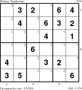 The grouppuzzles.com Medium Sudoku-6up puzzle for Tuesday September 3, 2024 with all 3 steps marked