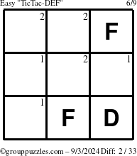 The grouppuzzles.com Easy TicTac-DEF puzzle for Tuesday September 3, 2024 with the first 2 steps marked