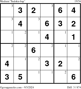 The grouppuzzles.com Medium Sudoku-6up puzzle for Tuesday September 3, 2024 with the first 3 steps marked