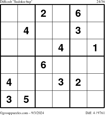 The grouppuzzles.com Difficult Sudoku-6up puzzle for Tuesday September 3, 2024