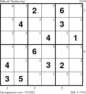 The grouppuzzles.com Difficult Sudoku-6up puzzle for Tuesday September 3, 2024 with all 4 steps marked